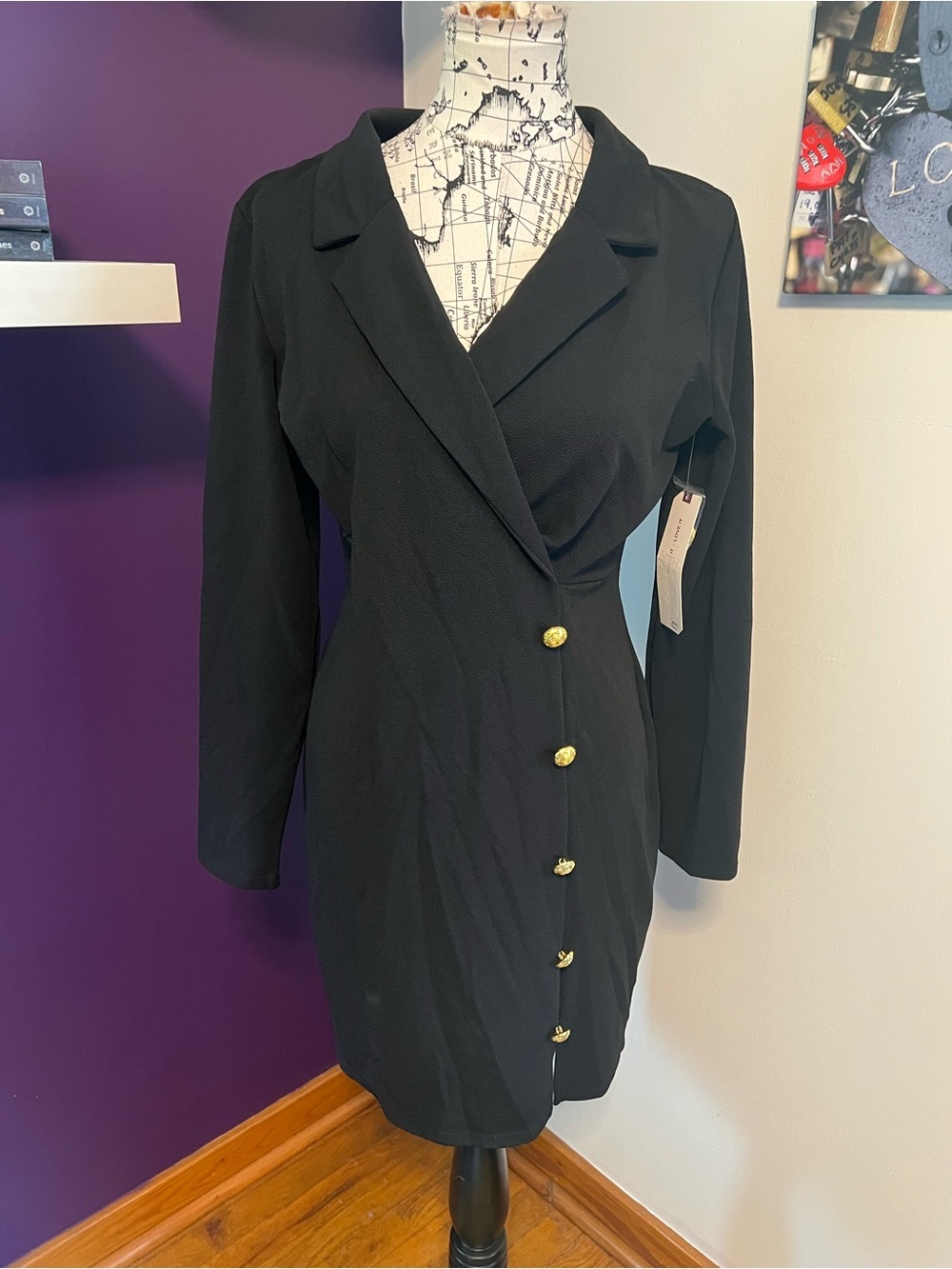 Almost Famous Black Long-Sleeve Dress with Gold Buttons NWT